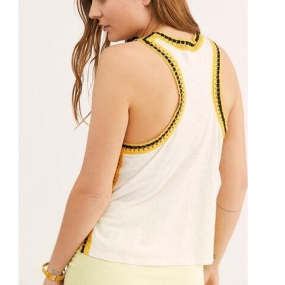 We The Free People Bora Bora Crochet Racerback Tank Top XS Cream Yellow Black - Picture 2 of 8